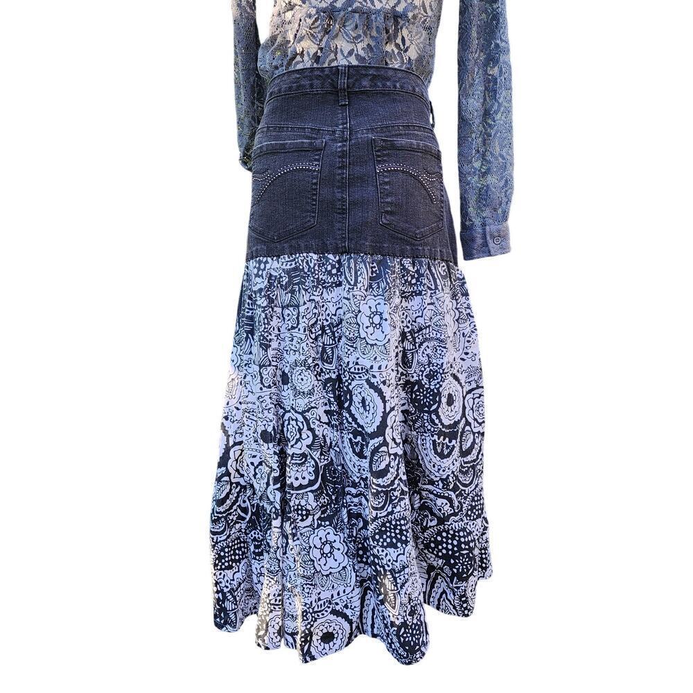 Gloria Vanderbilt Dark Wash Denim Black White Cotton Peasant Reconstructed Skirt - Picture 5 of 9